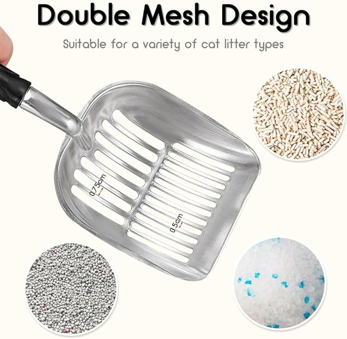 Cat Litter Scoop,Long Handle Cat Scooper,Aluminum Alloy Sifter Metal Scoop,Poop Sifting,Mesh Shovel,Suitable for Cat Litter Box, (Black)