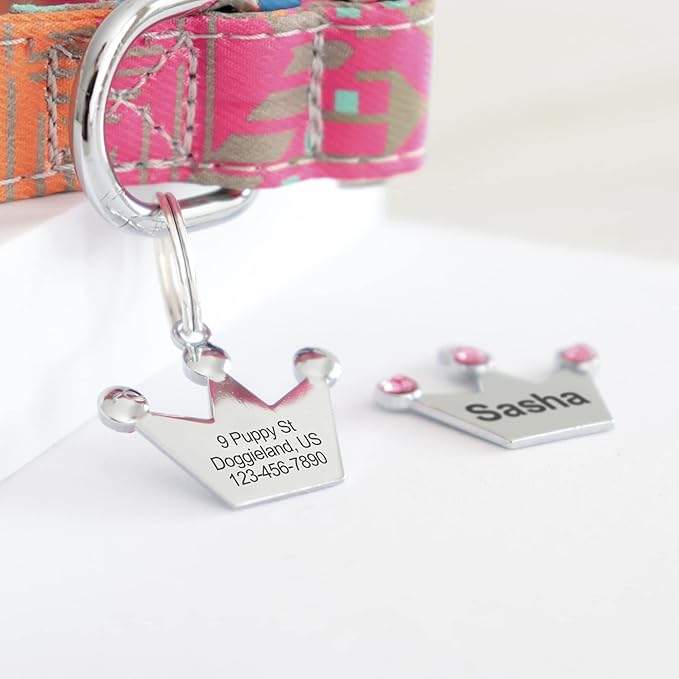 Custom Crystals Crown Pet ID Collar Tag, Personalized Stainless Steel Cute Shiny Bling Sparkly Safety Lost Charm Boy & Girl Dogs Puppies Cats & Ring Engraved SOS customizable with Name, Phone, Address