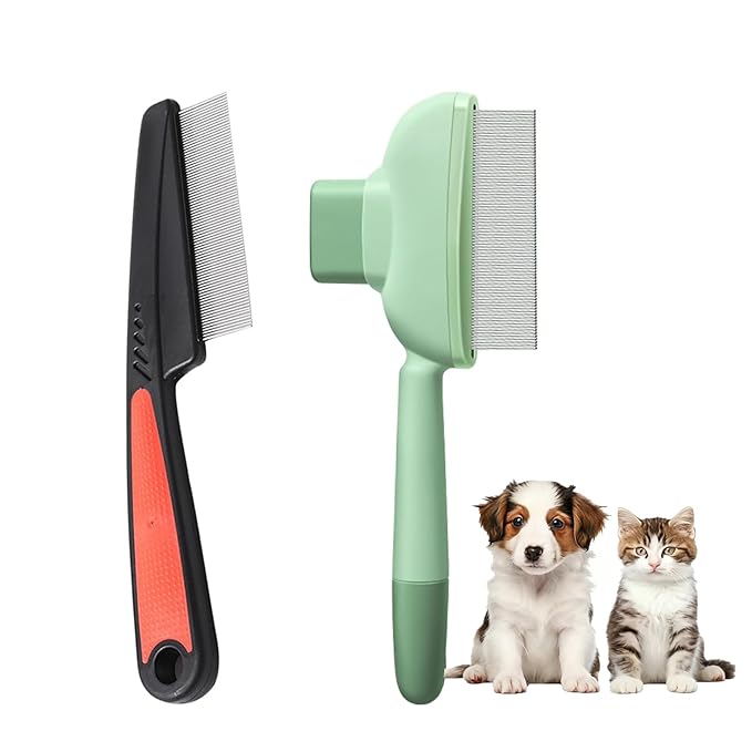 2PCS Pet Comb Flea Comb Set for Cats Dogs,Cleaning Massage Brush and Self-Cleaning Dog Combs for Removing Pet Hair, Knots & Loose Fur