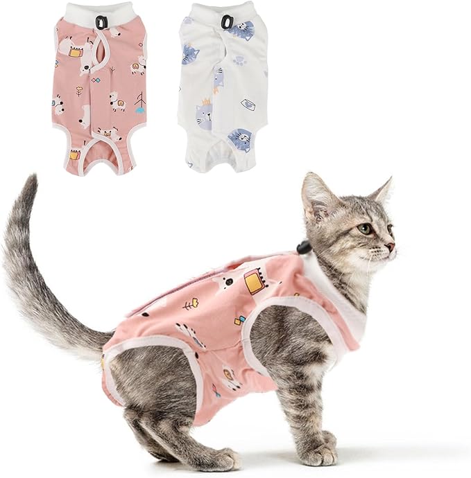 2PCS Cat Recovery Suit - Breathable Cat Surgical Recovery Suit, Onesie for Cats After Surgery Recovery, Alternative Cone of Shame Abdominal Wound Skin Wear Protection (Pink+White, S)
