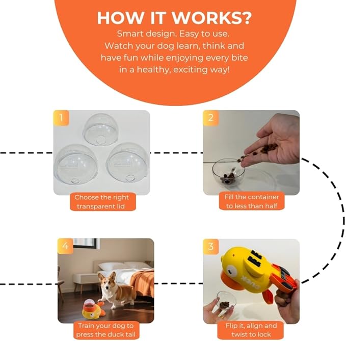 Duck Dog Treat Dispenser Toy - Anti-Slip Interactive Slow Puzzle Feeder for Dogs & Cats - 3 Challenge Lids for IQ Training, Mental Enrichment for Small, Medium & Large Dogs