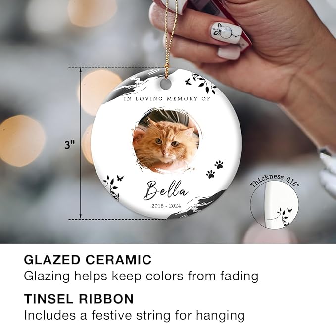 Cat Memorial Ornament - Personalized Ornaments Keepsake for Cats Losses - Pet Loss Gift, Kitten Passing Away Sympathy Gifts - Black & White Image Displayed Option - Custom Kittens Memorial