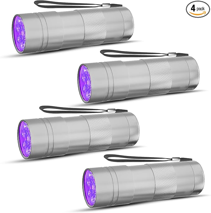 COSOOS 4 Pack Blacklight Flashlights, 395nm UV Handheld Black Light Flashlight, 12LED Mini Portable Pet Urine Detector for Dog Cat Urine, Scorpions, Dry Stains, Bed Bugs(Silver)