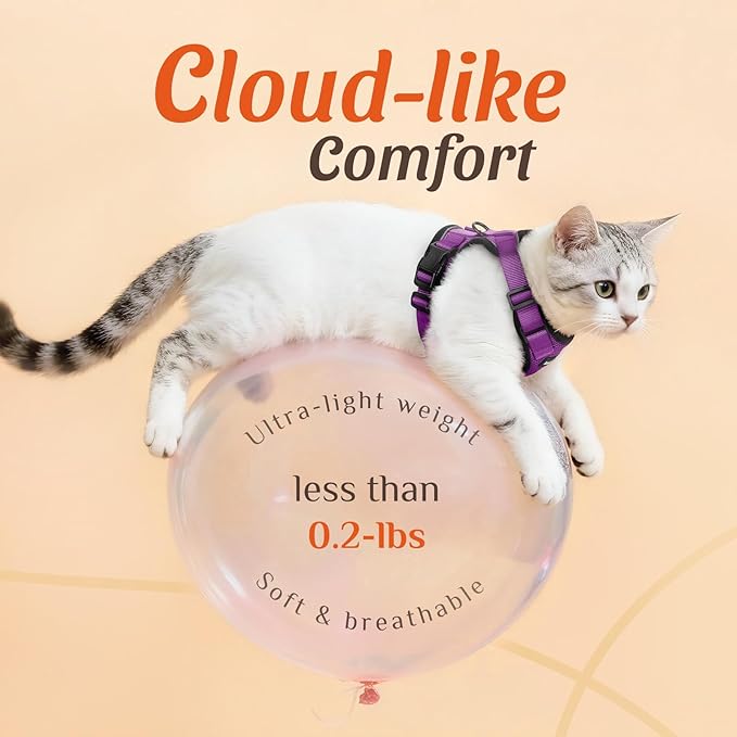 Dooradar Cat Harness and Leash Set, Escape Proof Safe Adjustable Kitten Vest Harnesses for Walking, Easy Control Soft Breathable Mesh Jacket with Reflective Strips for Cats, Purple, XXS