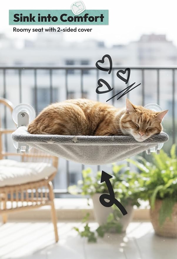Cordless Cat Window Perch for Large Cats, Glow in The Dark Fabric Cat Hammock for Window with 4 Strong Suction Cups, Easy to Assemble, Foldable Window Seat for Cats Inside, Gray L