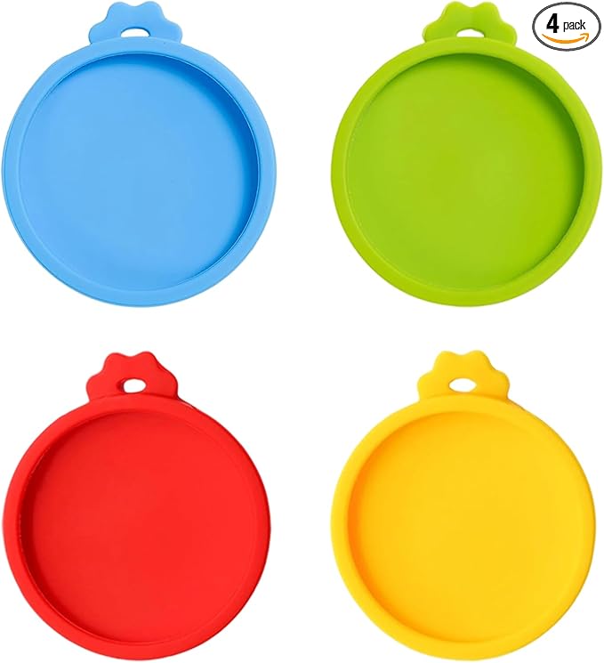 PINE & LINEN 4 Pcs 2.5inch Durable Pet Can Lids,Silicone Small Pet Can Covers Waterproof Cat Food Cans Lids for 3 oz Cat Food Cans(Green+Red+Yellow+Sky Blue)