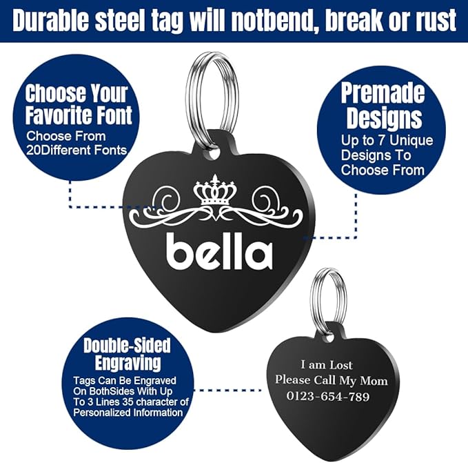 Personalized Dog Tags, Stainless Steel Pet Tags Personalized Cat, Collar Charm Engraved on Both Sides, up to 4 Lines of Custom Text, Multiple Patterns Colors Size Options (Crown, XSmall)