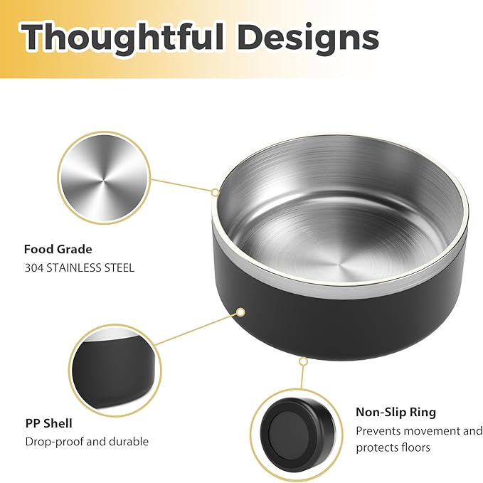 Stainless Steel Dog Bowl, Metal Water and Food Dish for Large Dogs, Insulated Non-Slip Pet Bowl, Easy Clean, 64oz, Black