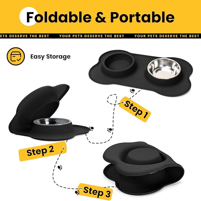 Dog Bowls with Non-Slip Silicone Mat, Spill Proof Large Food & Water Bowls Set, Easy Clean Dog Food Dish, Dishwasher Safe, Suitable for Dogs Cats Pet Under 90lbs, Large, Black