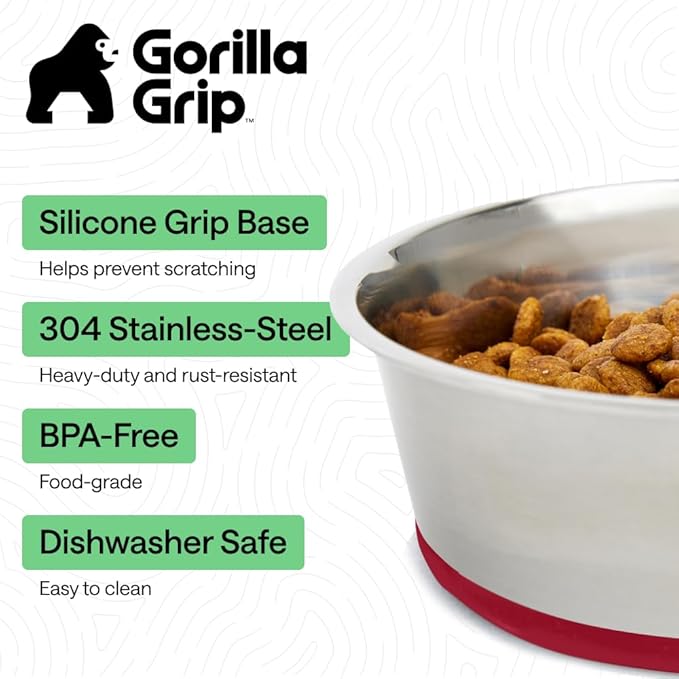 GORILLA GRIP Dog Bowls, Food Grade 304 Stainless Steel, Holds 4 Cups Each (32 fl oz) Food and Water Bowl for Feeding Dogs and Cats, Dishwasher Safe, Rust Resistant, BPA Free Rubber Base Set of 2 Red