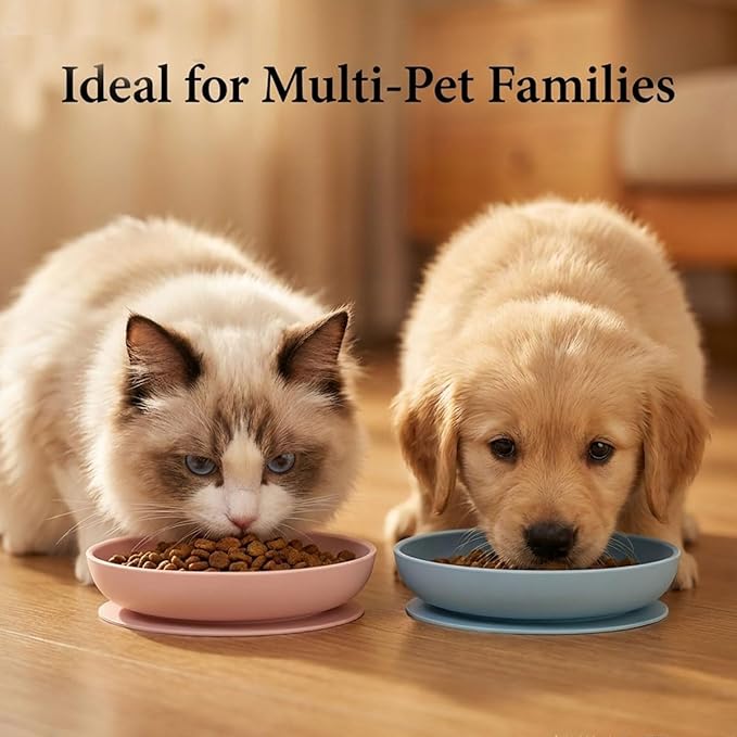 Meow&Woof Nonslip Pet Food Mat, 2 Pack Silicone Cat Food Bowl with Suction Cup Base, Shallow Dog Bowl, Waterproof Round Eating Tray for Dog Cat Puppy Kitten 7.8" x 7.8''