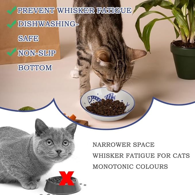 HAPPY KIT 2Pcs Wide Shallow Cat Bowls,8.5oz Colorful Plate Set with Non-Slip Mat,5.7 inch Indoor Ceramic Cats Dish/Dishes Relief of Whisker Fatigue - Microwave and Dishwasher Safe