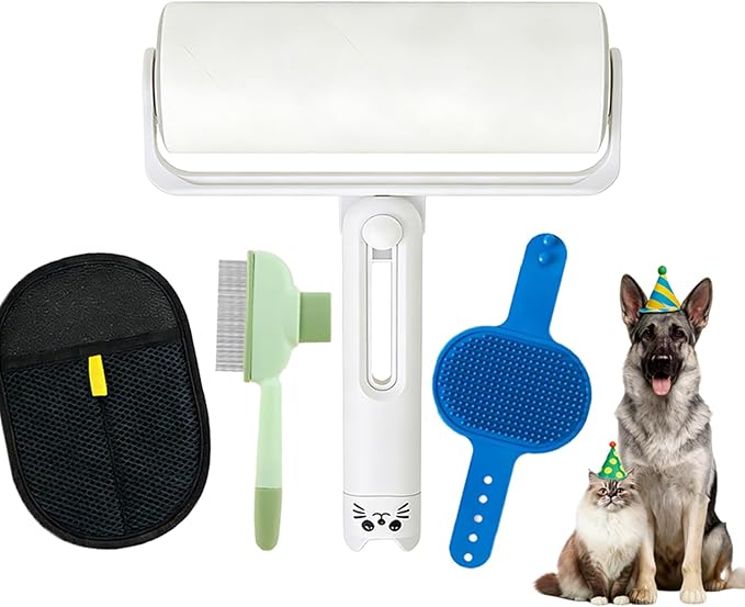 4-in-1 Pet Hair Removal Kit, Reusable Lint Roller, Anti-Slip Glove, Deshedding Comb, Portable Sticky Roller for Cats and Dogs（Blue）