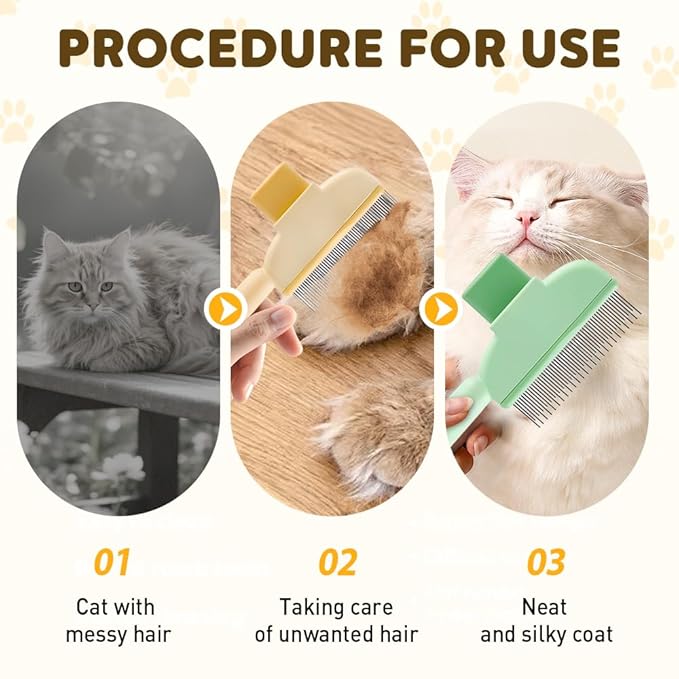 Self Cleaning Pet Hair Removal Comb, Pet Comb with Long Short Stainless Steel Metal Teeth, Cat Grooming Brush, Pet Grooming Supplies for Cat, dog (C - Green+Yellow - 1 set)