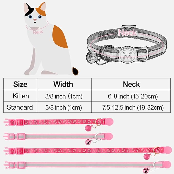 Taglory Reflective Cat Collar Breakaway with Bell, High Visibility Night Strip, Lightweight Adjustable Nylon Collar for Boy Girl Cats, 2 Pack, 7.5-12.5 Inch, Pink
