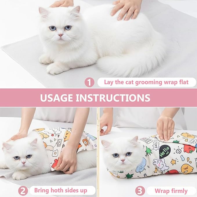 Cat Grooming Wrap for Cutting Nails, 27.6" Anti-Scratch Anti-Escape Cat Holder for Claw Clipping, Self-Adherent Soft Cat Swaddle Wrap for Nail Trimming for Cats & Kittens (1,27.56*27.56 inch)