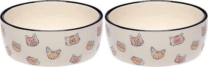 Pearhead Ceramic Cat Bowl – Cute Cat Face Water & Food Dish, Wide Shallow Whisker-Friendly Design for Kittens & Small/Medium Cats, Heavy Non-Slip Pet Feeding Bowl 2-Cup (Pack of 2)