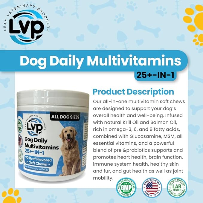 Multivitamins &Supplements for Dogs - Krill Oil, Omega 3,6,9, pre&probiotics, Essential Vitamins, for Hip & Joints, Skin &Coat,Digestive, Immunity Support (90 Chews)