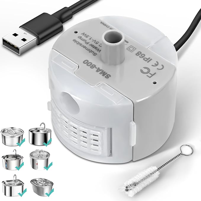 Ultra-Quiet Replacement Pump for Stainless Steel Cat Water Fountains - SMA-800 Motor - Safe and Easy to Clean with Low Voltage DC 5V and USB Cable (Pump) (Side Pump+Brush)