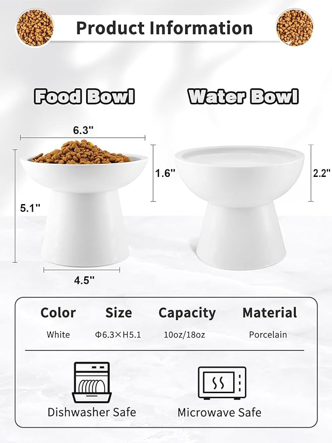LoeJan Elevated Food and Water Bowls Set, Extra Wide and Raised Ceramic Feeder, Anti-Vomit Whisker-Free Pressure Cat Feeding Bowl for Kittens Adult Cats Small Dogs (White, Food Bowl)