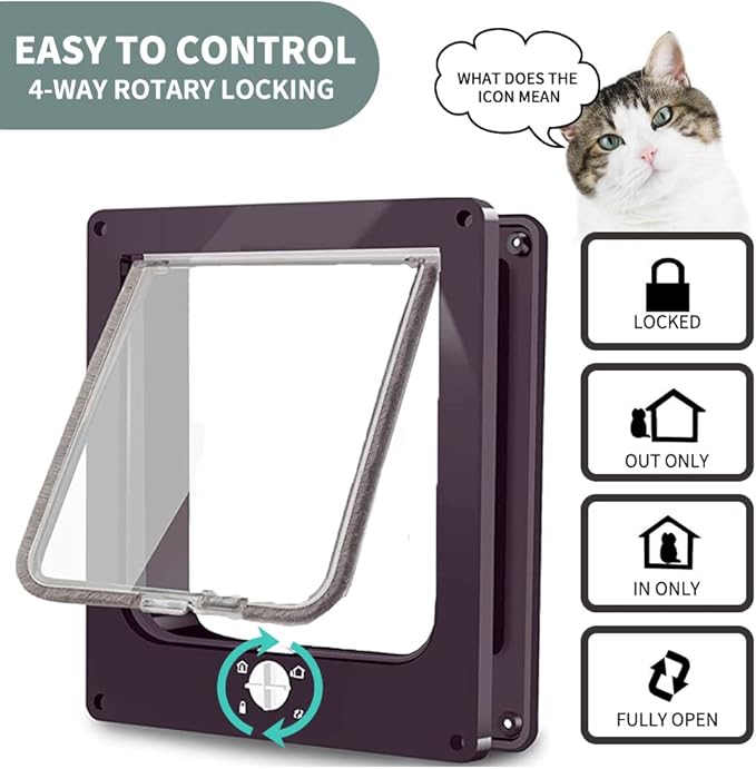 EASY JOY Cat Doors(Outer Size 8.6" x 7.5"), 4-Way Locking Cat Door for Interior Exterior Doors, Weatherproof pet Door with Magnet for Cat or Dog < 16.1 inches in Girth(Brown M)