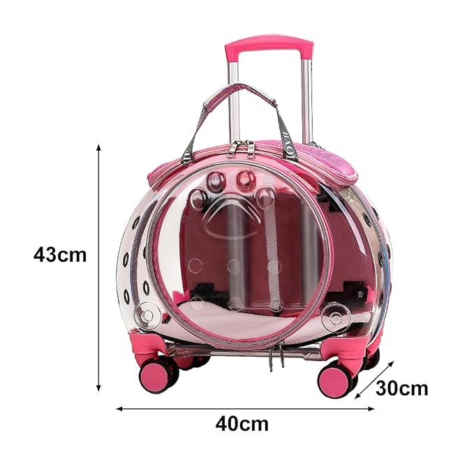 Pet Trolley Case, Convenient Portable Cats Dogs Backpack, with Clear Ventilation Holes, Silent Wheels and Telescopic Rod, for Travel. Pink