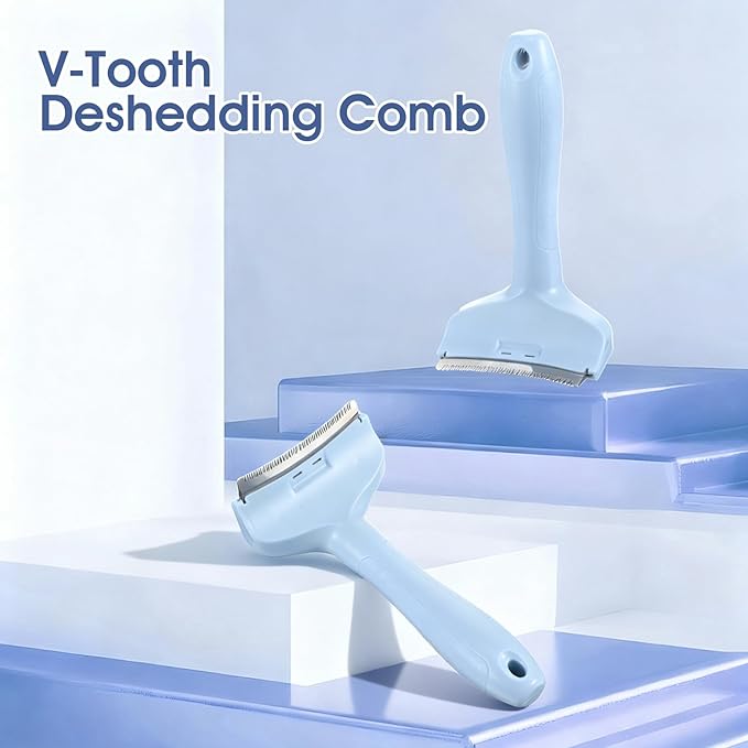 Pet Deshedding Comb,V-Tooth Dog Cat Grooming Brush with Curved Blade Gentle Shedding Tool with Ergonomic Non-Slip Handle for All Coat Types
