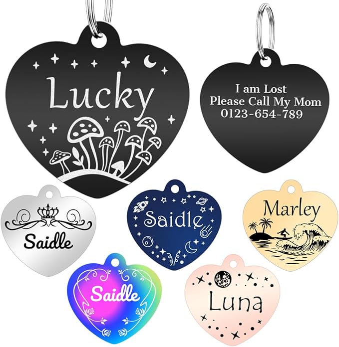 Personalized Dog Tags and Cat Tags, Stainless Steel Pet ID Tags, Collar Charm Engraved on Both Sides, up to 4 Lines of Custom Text, Various Patterns and Colors Options (Heart)