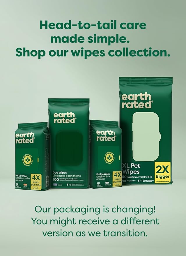 Earth Rated Pet Wipes for Dogs and Cats, Hypoallergenic, 3-in-1 Cleaning, Deodorizing and Hydrating, for Grooming Paws, Body and Butt, New White Tea and Basil Scent, 100 Count (Pack of 2)