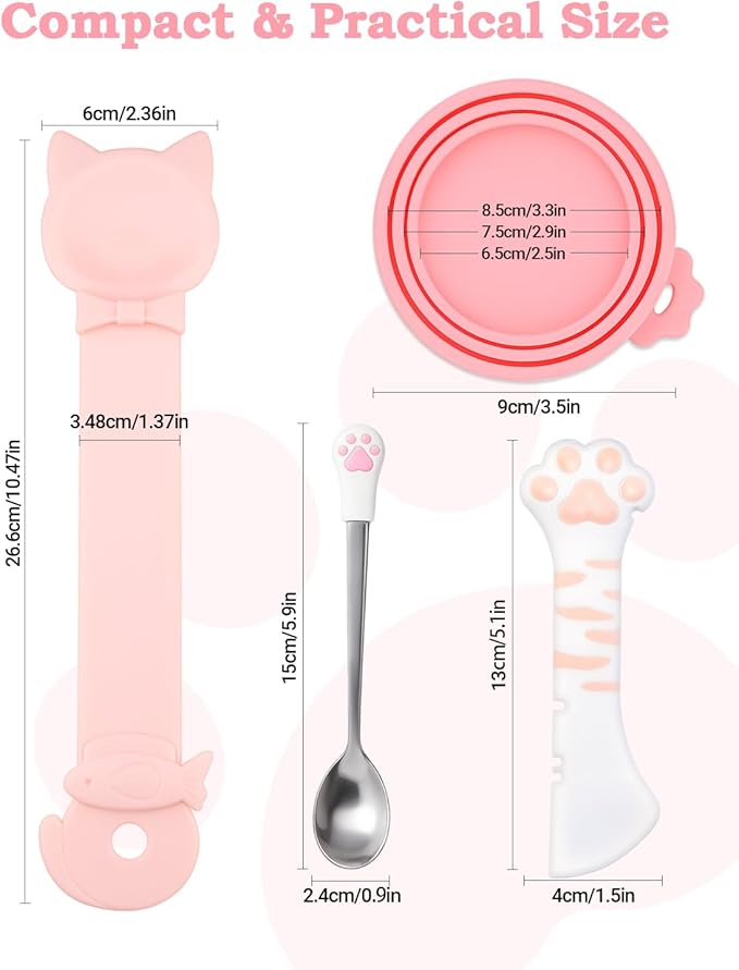 6 PCS Cat Food Can Covers Set, Reusable Silicone Can Lids with Opener, Stainless Steel Wet Food Spoon & Cat Treat Squeezer for Pet Feeding and Storage, Fits Cats & Dogs (Pink)