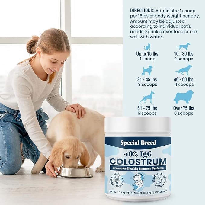40% IgG Grass Fed Colostrum for Dogs, Third Party Tested High Potency Colostrum Powder, Immune Support, Prebiotic Gut Health, Seasonal Allergy and Itch Relief, Made in USA, 2.5 Oz