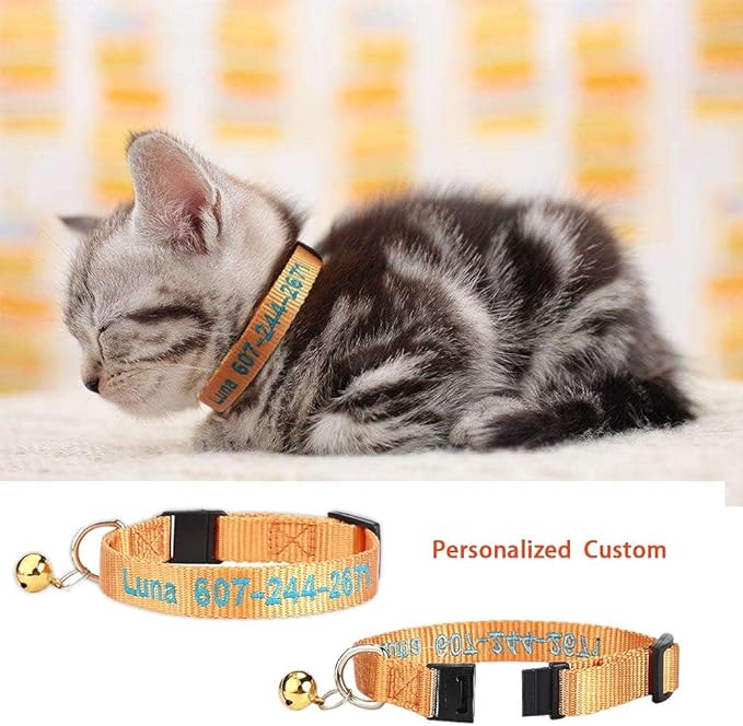 1PCS Personalized Cat Collar with Bell,Custom Cat Collars with Name and Phone Number Adjustable Nylon Embroidered ID Collar for Cat with Breakaway Safety Release Buckle