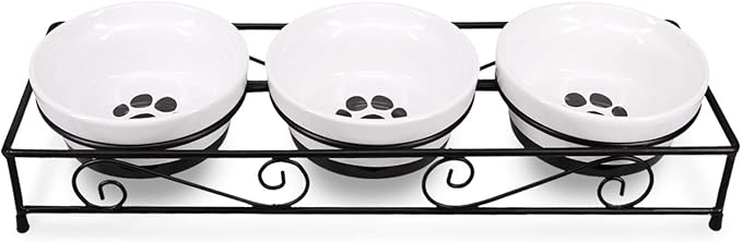 Navaris Ceramic Pet Bowl Set - Small Dogs, Puppies, and Cat Food Bowl with Non-Slip Retro Metal Stand - Dog or Cat Bowls for Indoor Cats and Dogs - Set of Bowls, 10.8 oz Each