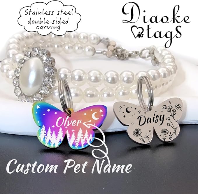 Personalized Dog Tags and Cat Tags, Stainless Steel Pet ID Tags, Collar Charm Engraved on Both Sides, up to 4 Lines of Custom Text, Various Patterns and Colors Options (Butterfly)