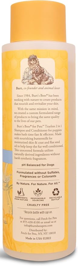 Burt’s Bees for Pets Tear Free Puppy Shampoo & Conditioner with Buttermilk, 2 in 1 Gentle Dog Shampoo for Puppies, Cleans and Conditions Sensitive Skin, 16 Fl Oz - 6 Pack