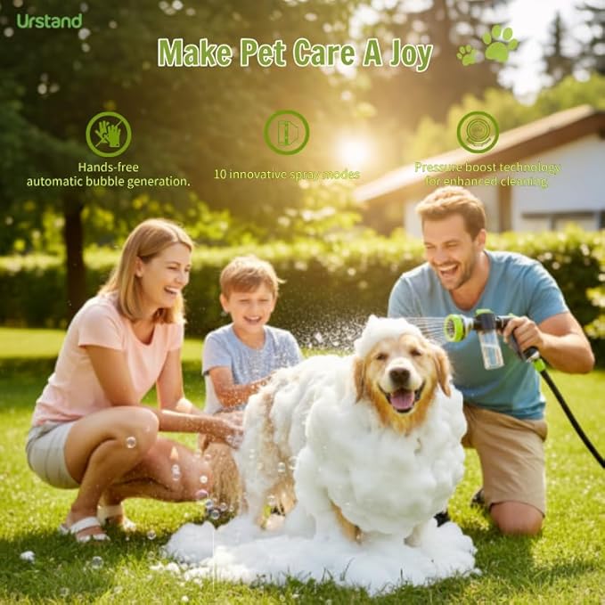 Dog Washing Hose Attachment, 10 Spray Modes and Adjustable Water Pressure Garden Hose Nozzle with Soap Dispenser for Dog Cat Bathing, Also Adopted in Watering Flowers, Pet Wash