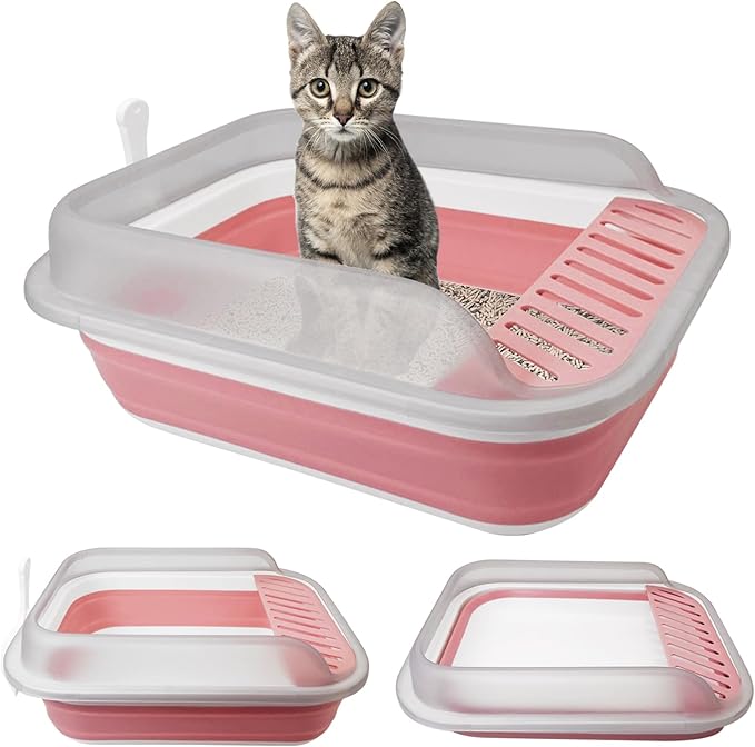 VCEPJH Collapsible Litterbox with High Sides Small Cats Litter Pan with Scoop Open Cat Litter Box Portable Travel Kittens Toilet Kitten Starter Kit for Kittens Adult Cat Elderly Cats (Pink)