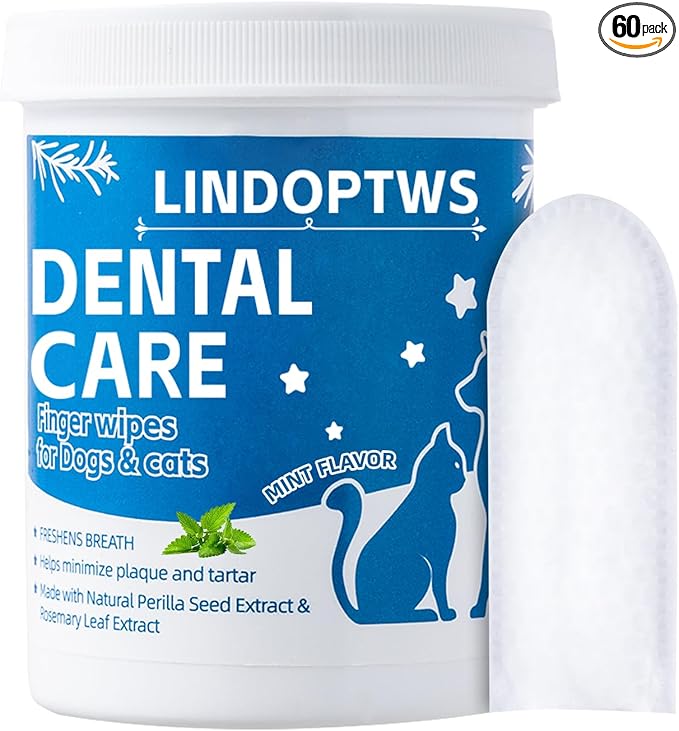 Dog Dental Wipes for Teeth Cleaning - Dog Tooth Wipes & Finger Toothbrush for Dogs, Waterless Formula Helps Fight Plaque and Tartar, Freshens Breath, Easy No-Rinse Oral Care 60 Count