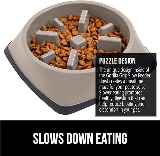 GORILLA GRIP Patented BPA Free Slow Feeder Dog Bowls, 4 Cup Interactive Puzzle Toy for Dogs and Cats Food Training Enrichment, Keeps Pets Busy and Prevents Puppy Overeating, Large Breeds, Beige