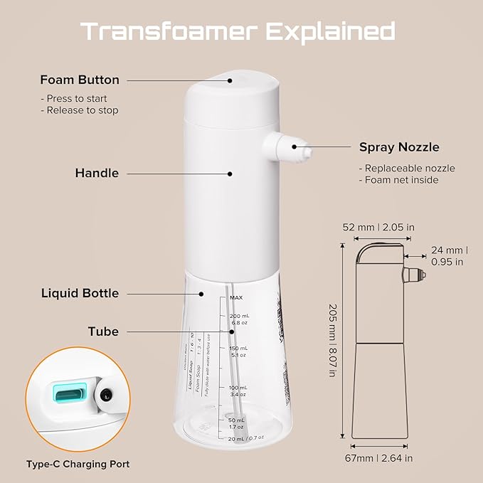 Airversa Electric Foaming Shampoo Dispenser with Hair Scalp Massager Brush 1100mAh IPX8 Shampoo Foamer for Woman Men Baby Kid Dog Cat ES1-White Kit