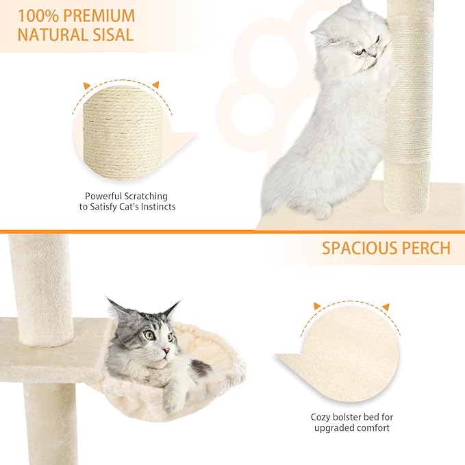 Floor to Ceiling Cat Tree,5 Tiers Tall Cat Tower with Adjustable Height(98-110),Cat Tree Floor to Ceiling with Cozy Hammock,Sisal Scratching Posts,Platforms,and Hanging Balls for Large Cats