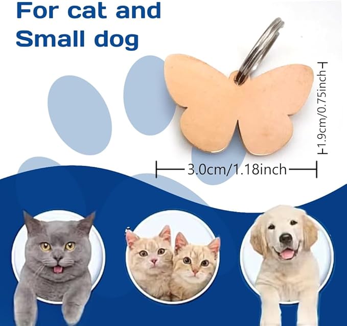 Personalized Dog Tags and Cat Tags, Stainless Steel Pet ID Tags, Collar Charm Engraved on Both Sides, up to 4 Lines of Custom Text, Various Patterns and Colors Options (Butterfly)