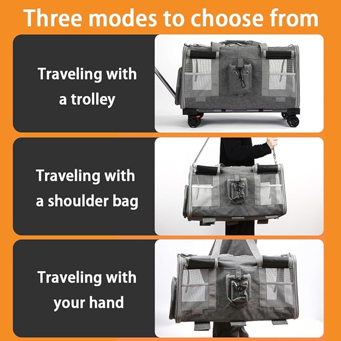 Large Double Pet Carrier with Wheels, Double-Compartment Travel Cat Bag, Cat Outing Portable Isolated Breathable Handbag Trolley Cat Bag for Medium Dogs and All-Breed Cats (Beige, 23.6*15.7*17.7in)