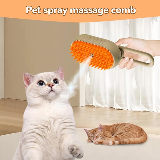 2025 New Pet Steam Groomer Brush, 3 in 1 Cat Steam Brush for Massaging and Cleaning Shedding Hair, Upgrade Pet Steam Groomer Comb Multifunctional Hair Removal Comb for Cats Dogs (Khaki)