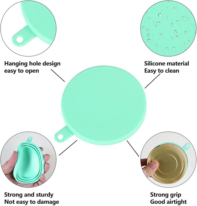 SLSON 2 Pack Pet Food Cover Universal Silicone Cat Dog Can Lids Fit Standard Size with Spoons, Light Blue and Green