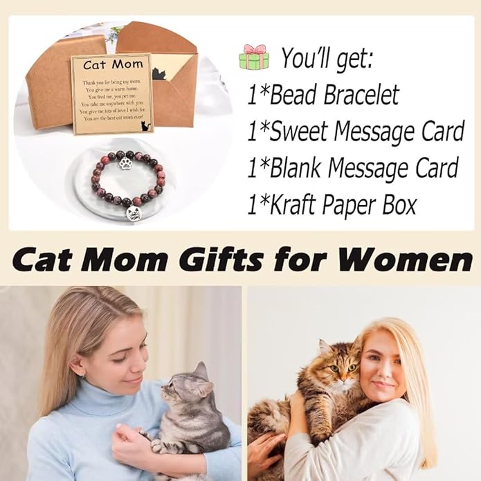 Cat Mom Gifts: Beaded Bracelet Paw Print for Women, Cat Lovers - Birthday, Christmas, Valentine's, New Year