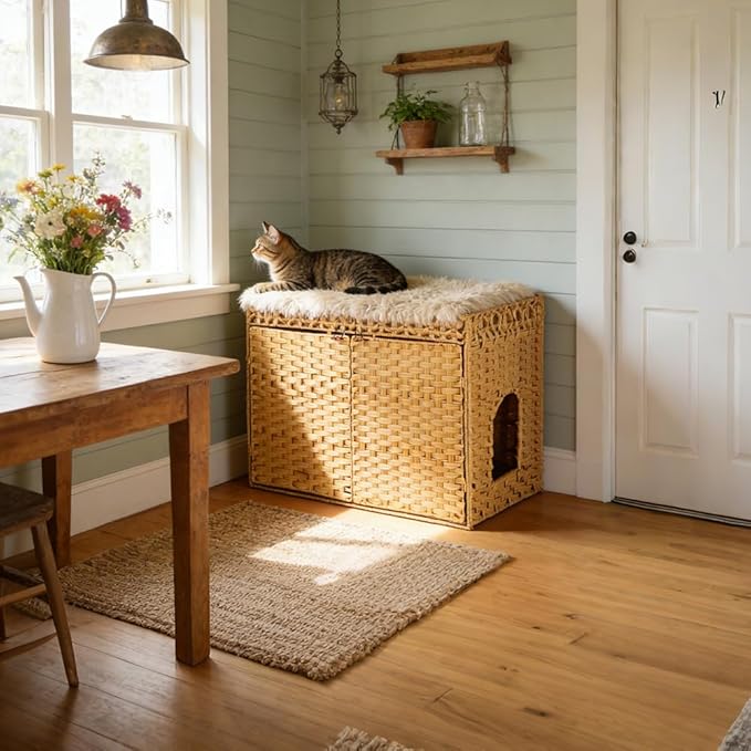 SZEE Hidden Cat Litter Box Enclosure, Handwoven Rattan Litter Box Furniture, X-Large Size (30 x 18 x 24 Inches), Mat Included, Easy to Assemble, Farmhouse Style