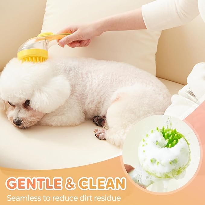 Pet Bath Brush, 2025 New 2 in 1 Dog Bath Brush with Built-in Shampoo Dispenser, Pet Wash Brush for Bathing Dog Grooming Massage Brush for Long Short Haired Dogs Cats Shower (Yellow, Fine teeth)