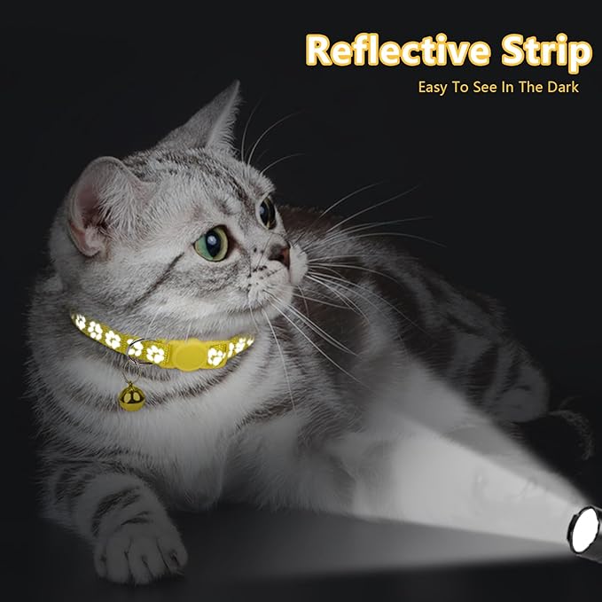 Taglory Reflective Cat Collar Breakaway with Bell, High Visibility Night Strip, Lightweight Adjustable Nylon Collar for Boy Girl Cats, 2 Pack, 7.5-12.5 Inch, Yellow