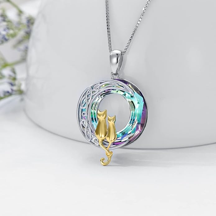 TOUPOP Cat Gifts for Cat Lovers One Two Three Four Cats Necklace Sterling Silver Cats on the Moon Pendant Necklace with Blue Circle Crystal Birthday Christmas Celtic Jewelry Gifts for Women